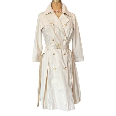 1990s dress coat, double breasted, beige cotton blend, medium, vintage 90s dress, belted spy coat, 