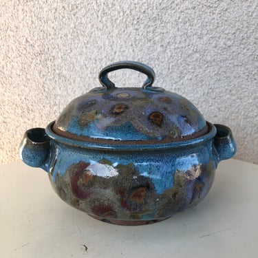 Vintage 1981 blue browns glazed pottery bowl pot with lined signed Cathra Anne Barker of Sunstone Studio, La Jolla 