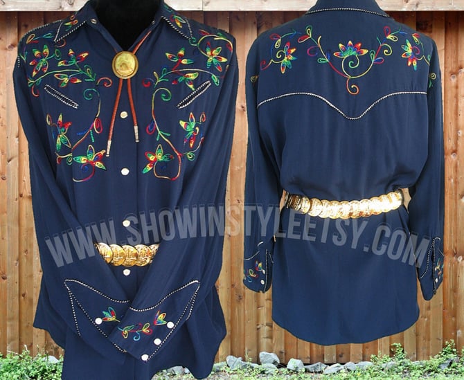 A.B.S. of California Vintage Western Women&amp;#39;s Cowgirl Shirt, Blue with Variegated Floral Embroidery, Approx. Large (see meas. photo) by ShowinStyle