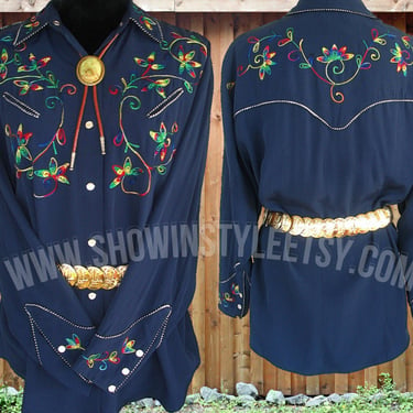 A.B.S. of California Vintage Western Women's Cowgirl Shirt, Blue with Variegated Floral Embroidery, Approx. Large (see meas. photo) 