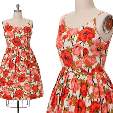 Vintage 1950s Sundress | 50s Poppies Poppy Floral Printed Cotton Spaghetti Strap Fit and Flare Full Skirt Volup Day Dress (large/x-large) 