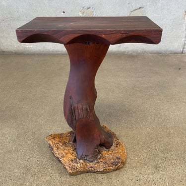 Antique 1960s Live Edge Solid Wood Pedestal On Rock Base