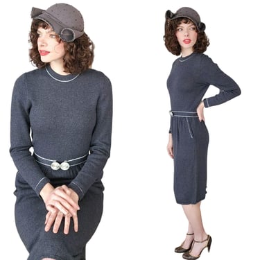 Vintage 70s sweater Dress Gray Knit w/Belt Don Sayres 