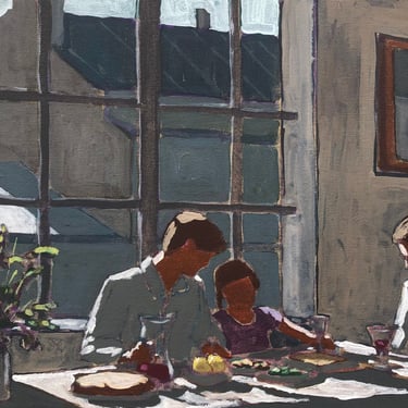 Family #25 - Original Acrylic Painting on Canvas 16 x 12 man, woman, dining, city, cityscape, fine art, interior, michael van, grey 