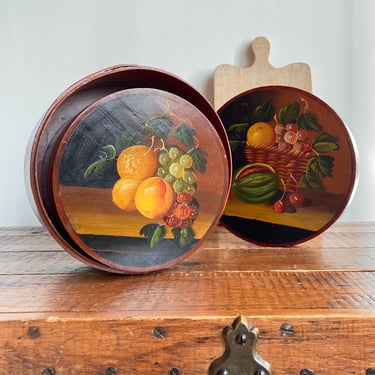 hand painted nesting cheese boxes - fruit still life grapes peaches melon cherries 