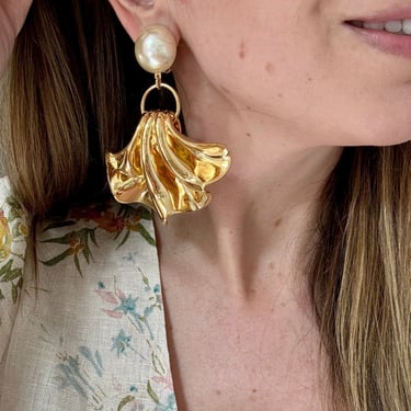 French Gold Fan & Pearl Statement Earrings