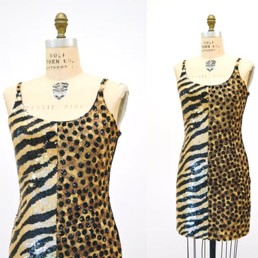 80s 90s Vintage Sequin Leopard Tiger Animal Pattern Dress Small Medium St Martin by Jeanette 90s Tank Sequin dress Cheetah Animal Print 