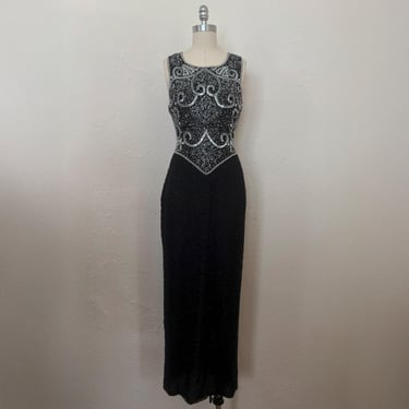 1990s Deco Faux Pearl, Silver and Black Glass Bead Evening Dress, Small to Medium | 90s Black Silk Sequin Evening Gown (S, M, 36-30-39) 
