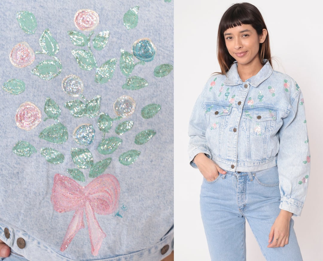 Cropped Floral Jean Jacket 80s 90s Denim Jacket Painted