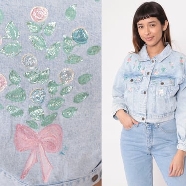 Cropped Floral Jean Jacket 80s 90s Denim Jacket Painted Flower Print Light Acid Wash Blue Button up Crop Coat Retro Vintage 1990s Small S 