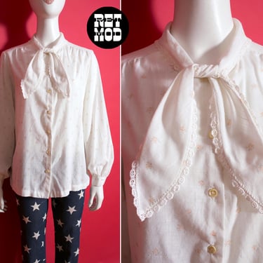 So Sweet Vintage 60s 70s White Cotton with Pastel Pink Flowers Long Sleeve Blouse with Neck Tie 