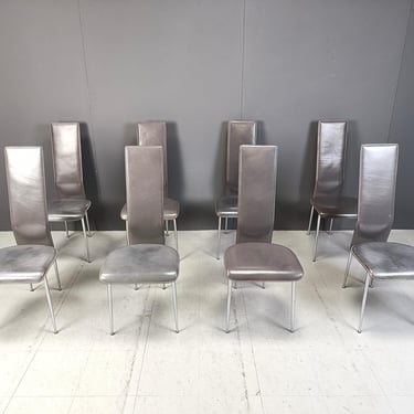 Vintage dining chairs by Giancarlo Vegni for Fasem, set of 8, 1980s - vintage italian dining chairs - grey  leather dining chairs 