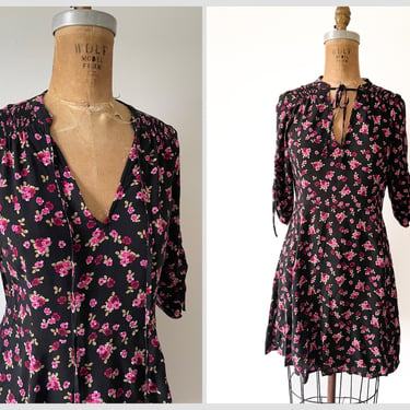 Floral print ‘90s Y2K Express rayon mini dress | black with pink & red roses, soft grunge aesthetic, XS / S 
