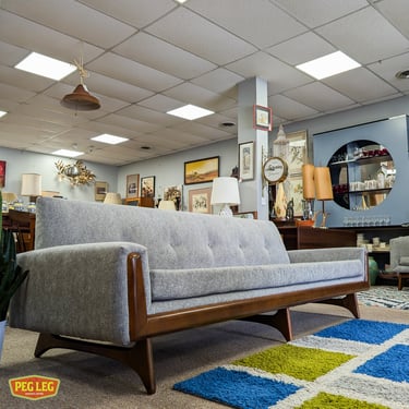 Mid-Century Modern Pearsall style sofa with walnut details