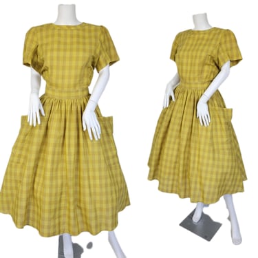 1980's Chartreuse Green Yellow Check Print Full Skirt Dress I Pockets I Sz Med I 80's Does 50's I Cotton Blend 