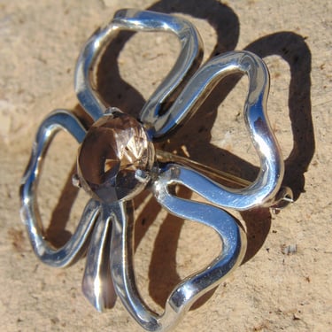Miguel Melendez ~ Vintage Taxco Sterling Silver and Smoky Topaz Four Leaf Clover Pin / Brooch 