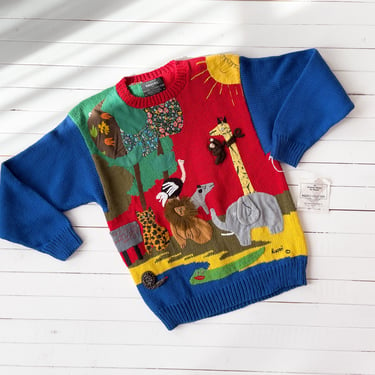 zoo animal sweater | 80s 90s vintage Raquel's Collection art to wear patchwork lion elephant giraffe hand knit wool sweater 