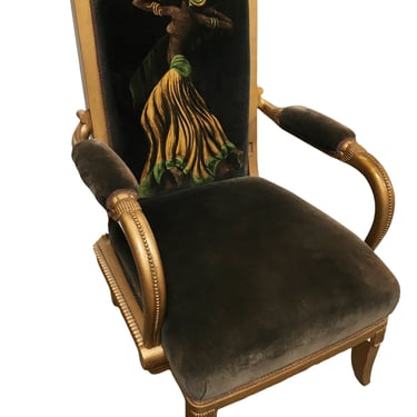 Vintage Velvet Upholstered Gorgeous Armchair with a Painted Dancer on the back. 