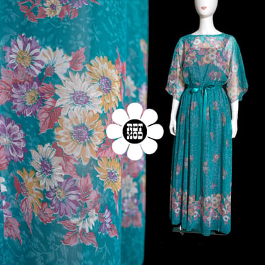 Beautiful Vintage 70s Teal Blue Floral Border Print Maxi Dress by Seymour Levy 