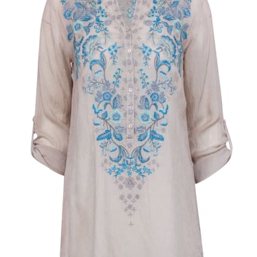 Johnny Was - Beige w/ Blue Embroidered Detail Top Sz XS
