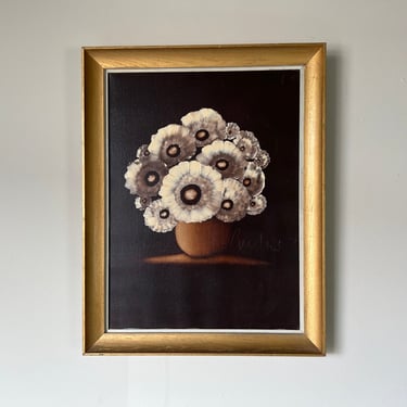 70's Mid-Century Still Life With Flowers Oil Painting, Framed 