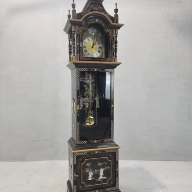 Vintage Wai Hing Clocks Co. Chinoiserie Black Lacquer Hand-Painted Mother of Pearl inlaid German Movement Tempus Fugit Grandfather Clock