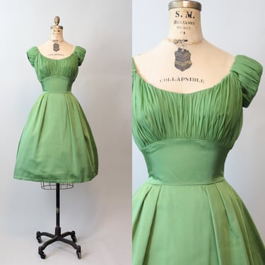 1950s 1959 documented KAY SELIG olive satin chiffon dress xs | new spring 