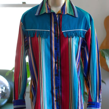 Vintage Southwestern Fringe Shirt - Western Wear - Serape Print - Button-Up Blouse 