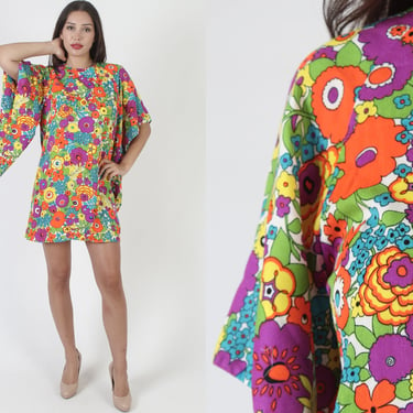 Bright Color Kimono Sleeve Mini Dress, Vintage 70s Neon Hawaiian Frock, Tropical Vacation Cover Up 