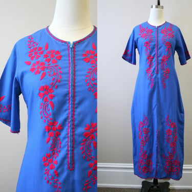 1970s Blue and Pink Embroidered Caftan 
