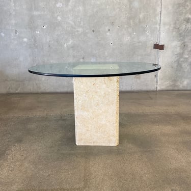 Vintage Postmodern Travertine & Glass Round Dining Table