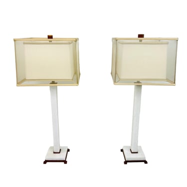 #1322 Pair of White Marble Italian Lamps with Double Layer Shades