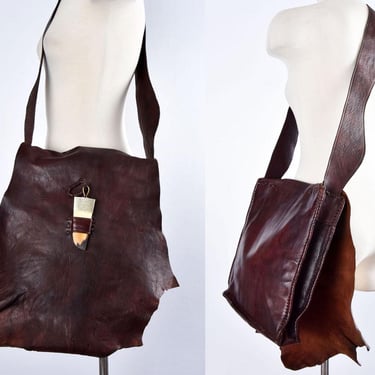 GRAND SAHARA Brown Real Leather Cross body Purse Bag Hippie Native American Indian LARGE Satchel 1980's, 1970's 