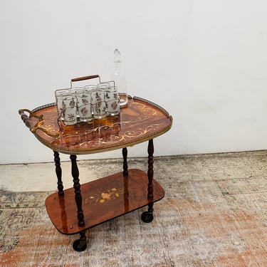 Italian Inlaid Wood Bar Cart with Extendable Sides