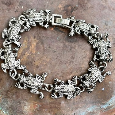 Vintage Sterling Silver Frog Bracelet Marcasite 925 Signed Link Retro Jewelry 
