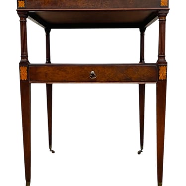 Free shipping within continental US - Vintage Iwo-Tier Side Table with Inlaid Top, Floral Marquetry Accents,and Brass-Toned Casters 