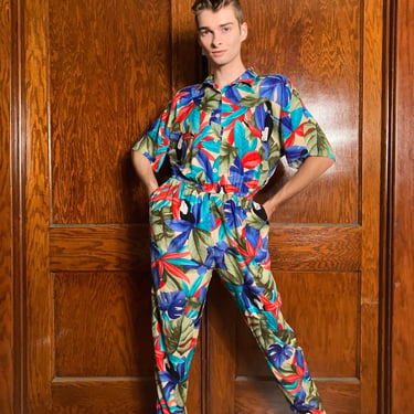 80s Tropical toucan print jumpsuit 