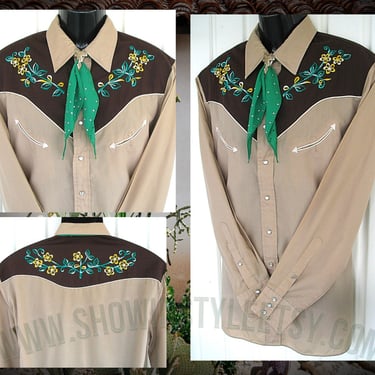 Vintage Western Men's Beige Cowboy & Rodeo Shirt by Alfie of California, Embroidered Yellow and Green Flowers, Approx. XL (see meas. photo) 