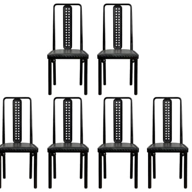 Set of Six Model 322 Bentwood Black Leather Dining Side Chairs by Josef Hoffmann for ICF New York 1980s 