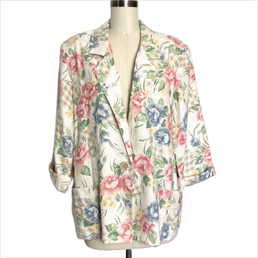 1980s linen blend floral blazer with rolled sleeves - size L 