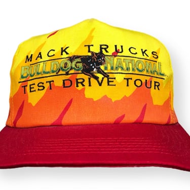 Vintage 80s/90s Mack Trucks Bulldog National Test Drive Tour Fire/Flames Style SnapBack Hat Cap 