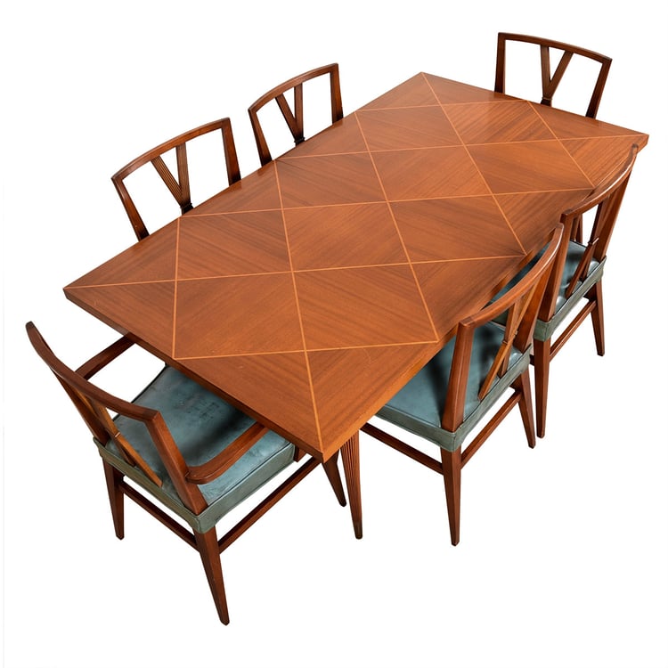 Tommi Parzinger Mahogany Exp Dining Table w. 6 &#8220;X&#8221; Chairs in Orig Teal Leather by Charak Modern 1957