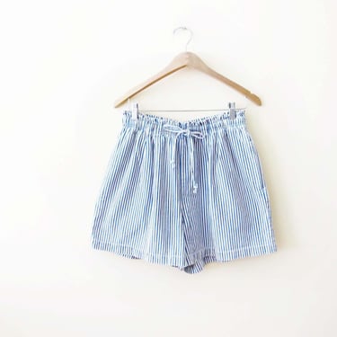 Vintage 90s Seersucker Cotton Drawstring Shorts M L - 1990s High Elastic Waist Thin Blue Stripe Casual Preppy Shorts 