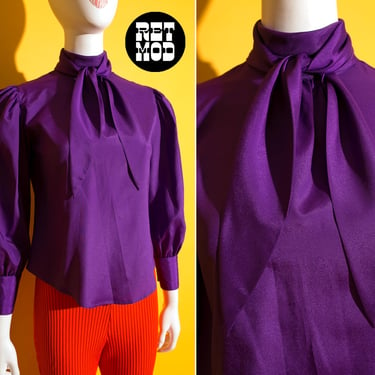 Chic Vintage 70s 80s Solid Purple Tie Blouse 