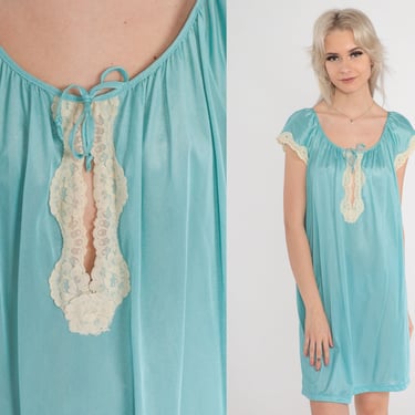 Vintage Nightgown 70s Blue Lingerie Lace Nightgown Mini Slip Dress Keyhole Nightie Boho Vintage Cap Puff Sleeve 1970s Pastel Medium Large 