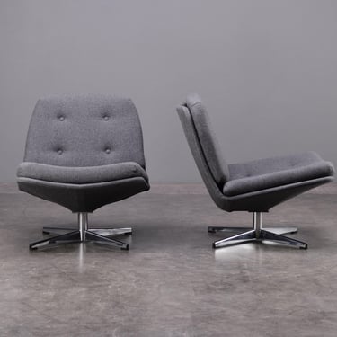 Pair: 1960s Gillis Lundgren 'MILA' swivel lounge chairs in gray and chrome 