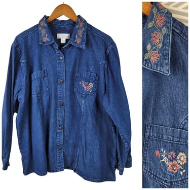 Vintage CJ Banks Jean Jacket Plus Size 2X 18/20 Floral Embroidered Denim Shacket Vintage 