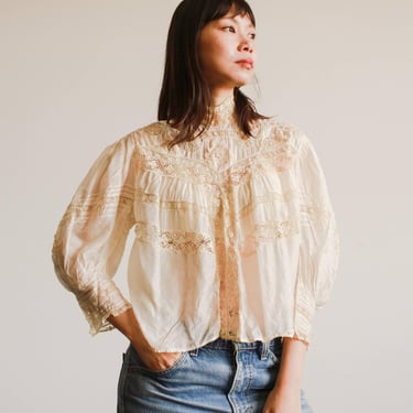 Antique Ecru Lace Inlay Silk Blouse 