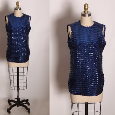 1960s Blue Sequin Sleeveless New Years Blouse -L 