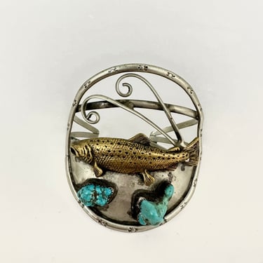 70s Sterling Silver &amp; Turquoise Fish Cuff